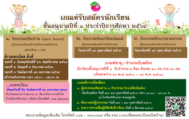 ประกาศรับสมัครนักเรียนชั้น อนุบาล 1 ปีการศึกษา 2564