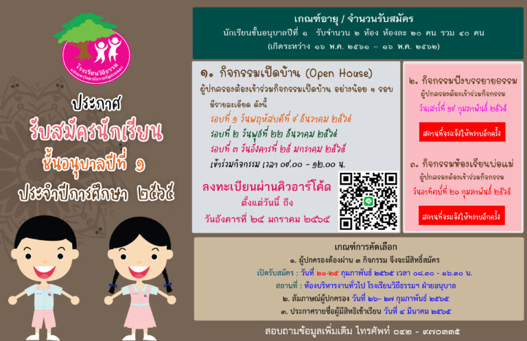เปิดรับสมัครนักเรียนชั้นอนุบาลปีที่ ๑ ปีการศึกษา ๒๕๖๕