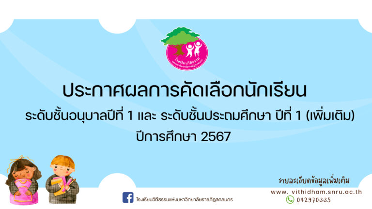 ประกาศผลการคัดเลือกนักเรียนระดับชั้นอนุบาล 1 และประถมศึกษาปีที่ 1 ปีการศึกษา 2567